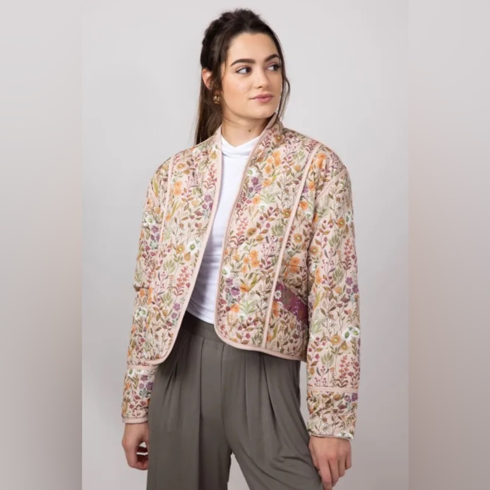 Simply Southern Quilted Floral Jacket Reversible Pink/Tan Sz XL - Picture 4 of 10